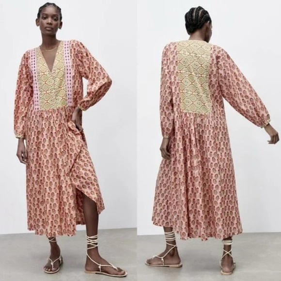 Zara Dresses & Skirts - ZARA Rosie Crochet Trim Printed Maxi Dress Boho Pink Prairie Cotton Size XS